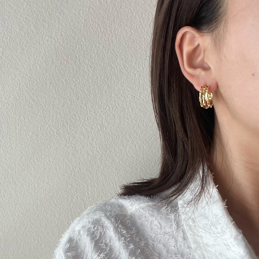 CLOSING SALE! 💕18K Gold Plated Sparky Bamboo Shape Hoop Earrings - Picture 7 of 13